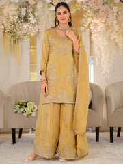 Yellow Embroidered Straight Kurta Palazzos With Dupatta Set