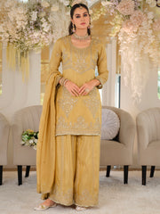 Yellow Embroidered Straight Kurta Palazzos With Dupatta Set