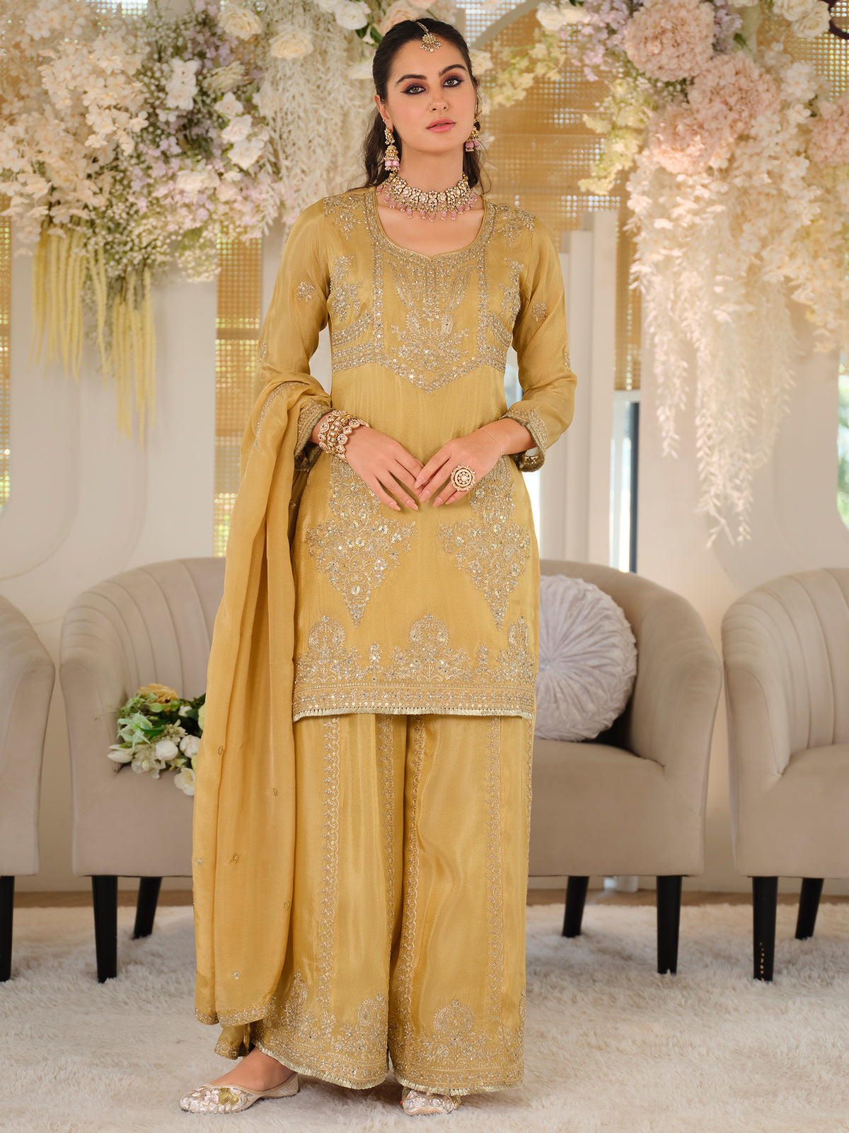 Yellow Embroidered Straight Kurta Palazzos With Dupatta Set