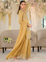 Yellow Embroidered Straight Kurta Palazzos With Dupatta Set