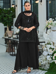 Black Embroidered Straight Kurta Palazzos With Dupatta Set