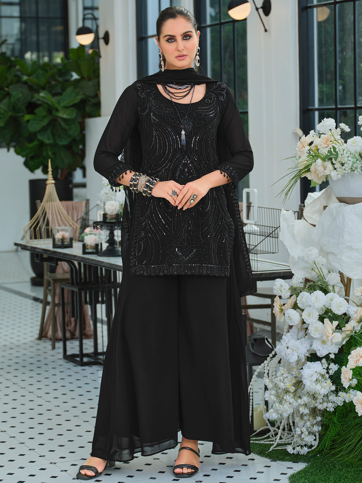 Black Embroidered Straight Kurta Palazzos With Dupatta Set