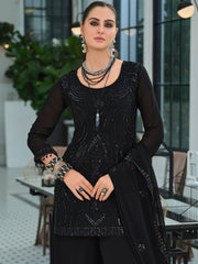 Black Embroidered Straight Kurta Palazzos With Dupatta Set