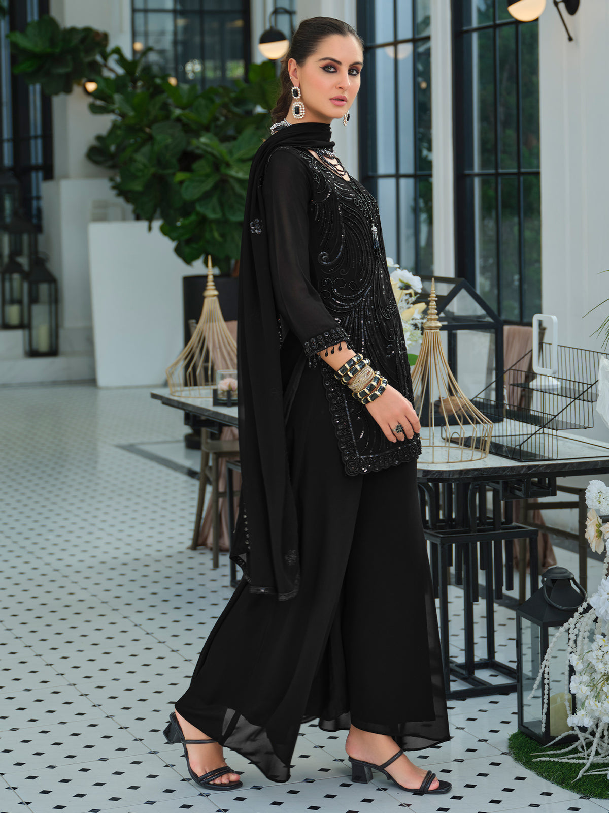 Black Embroidered Straight Kurta Palazzos With Dupatta Set