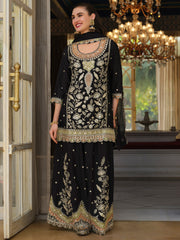 Black Embroidered Straight Kurta Palazzos With Dupatta Set