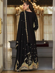 Black Embroidered Straight Kurta Palazzos With Dupatta Set