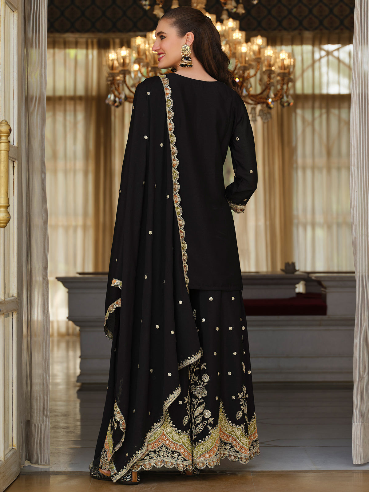 Black Embroidered Straight Kurta Palazzos With Dupatta Set