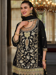 Black Embroidered Straight Kurta Palazzos With Dupatta Set
