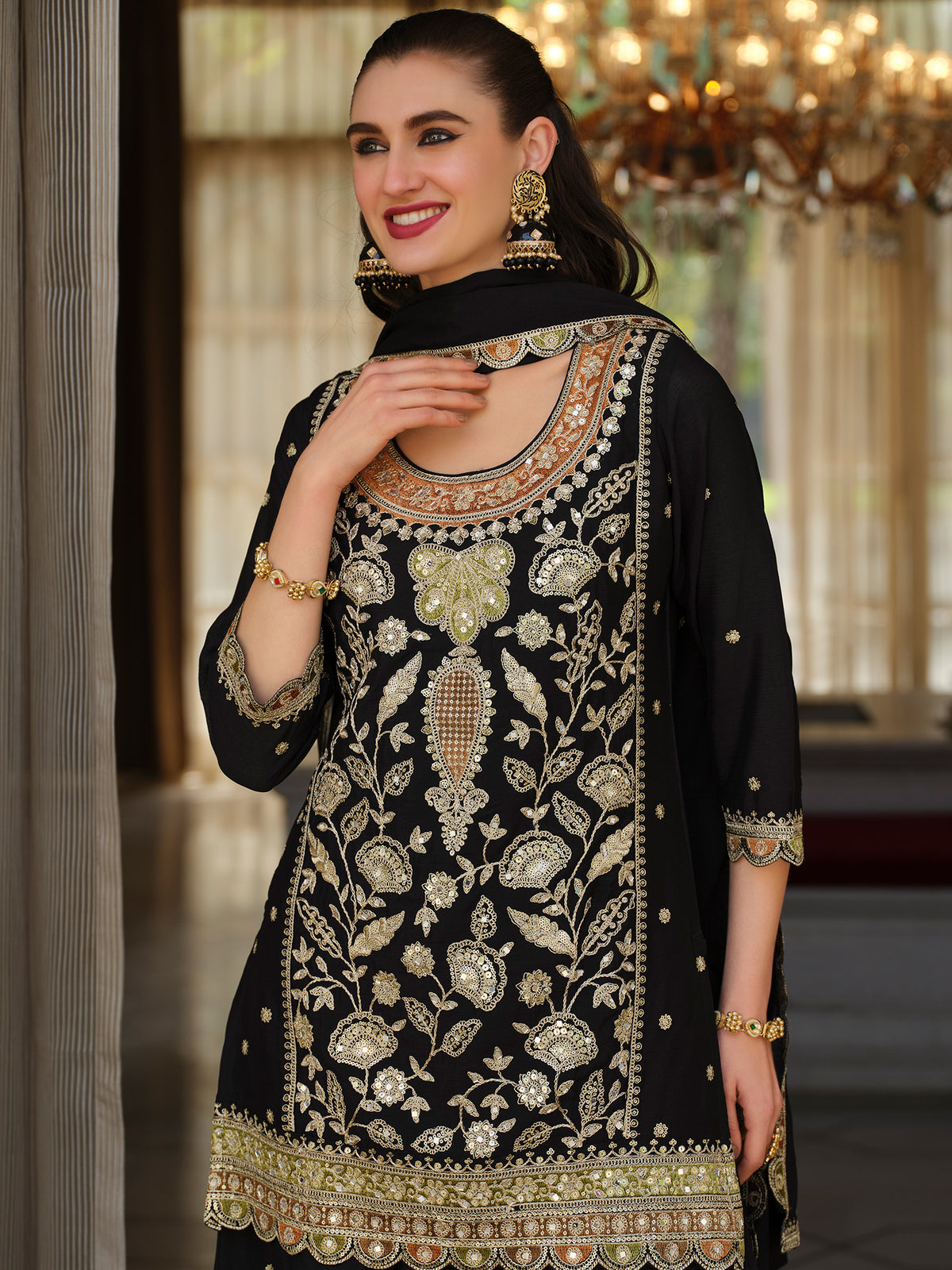 Black Embroidered Straight Kurta Palazzos With Dupatta Set