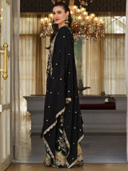 Black Embroidered Straight Kurta Palazzos With Dupatta Set
