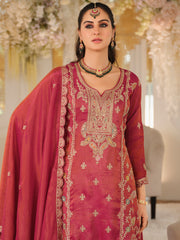 Pink Embroidered A-Line Kurta Palazzos With Dupatta Set