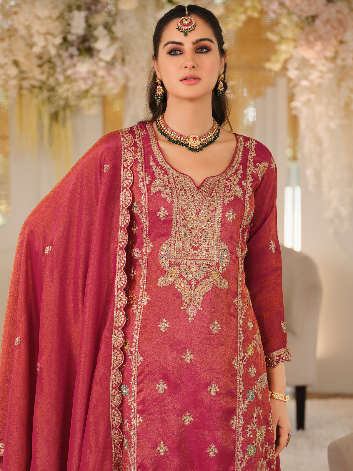 Pink Embroidered A-Line Kurta Palazzos With Dupatta Set