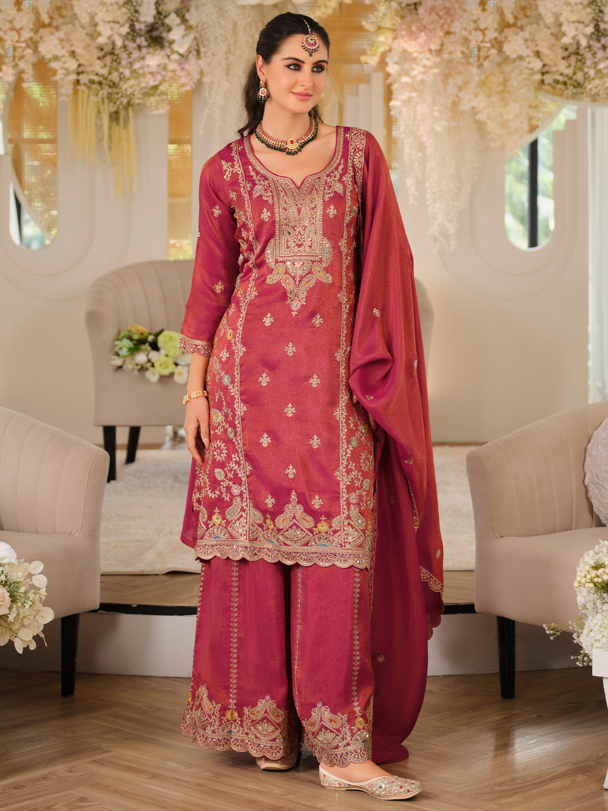 Pink Embroidered A-Line Kurta Palazzos With Dupatta Set