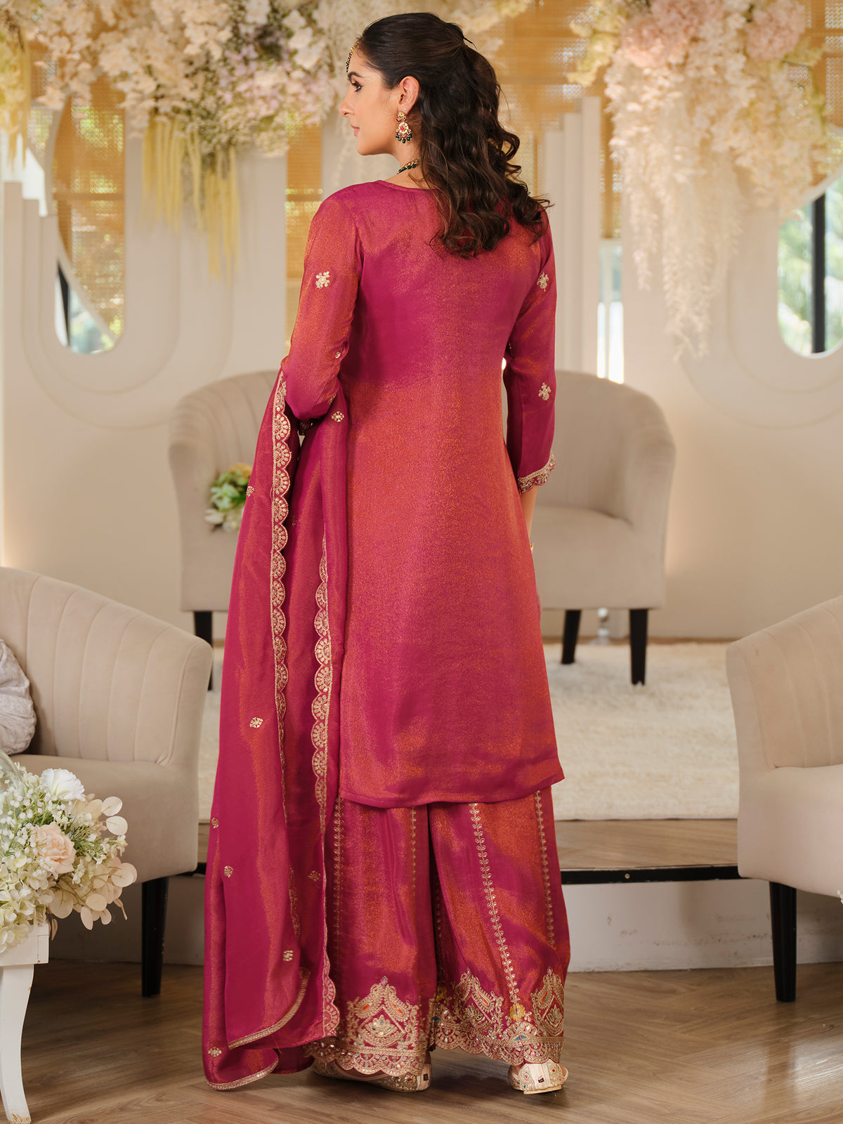 Pink Embroidered A-Line Kurta Palazzos With Dupatta Set