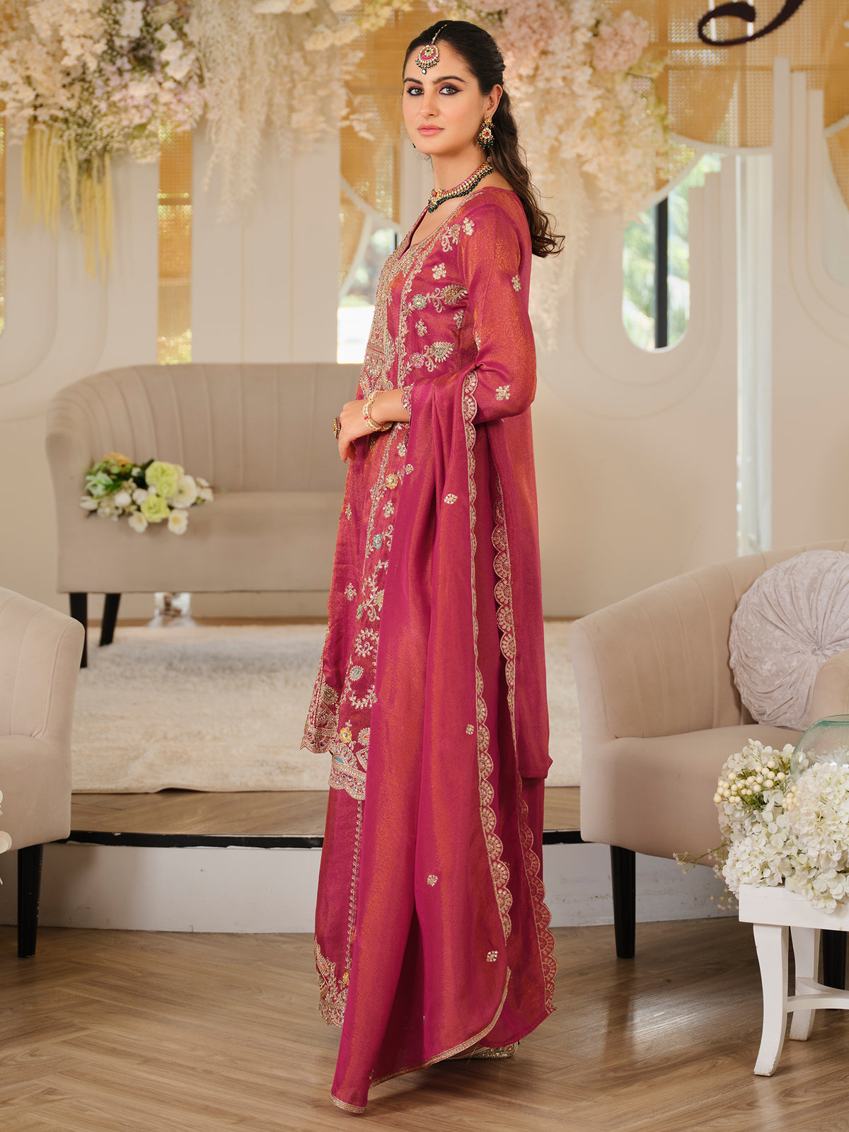 Pink Embroidered A-Line Kurta Palazzos With Dupatta Set