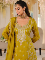 Mustard Embroidered A-Line Kurta Palazzos With Dupatta Set