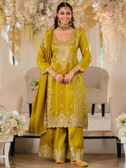 Mustard Embroidered A-Line Kurta Palazzos With Dupatta Set