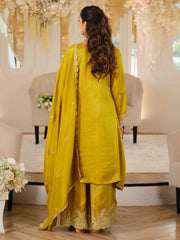 Mustard Embroidered A-Line Kurta Palazzos With Dupatta Set
