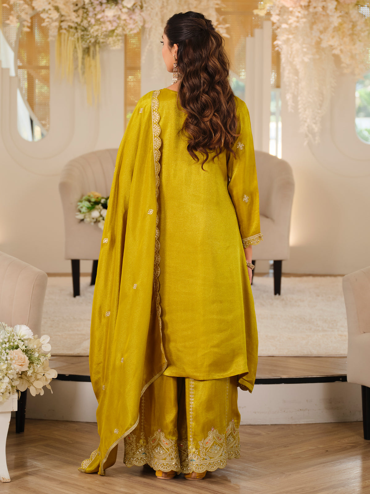 Mustard Embroidered A-Line Kurta Palazzos With Dupatta Set