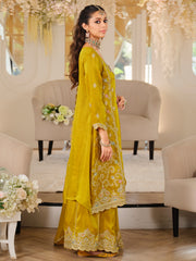 Mustard Embroidered A-Line Kurta Palazzos With Dupatta Set