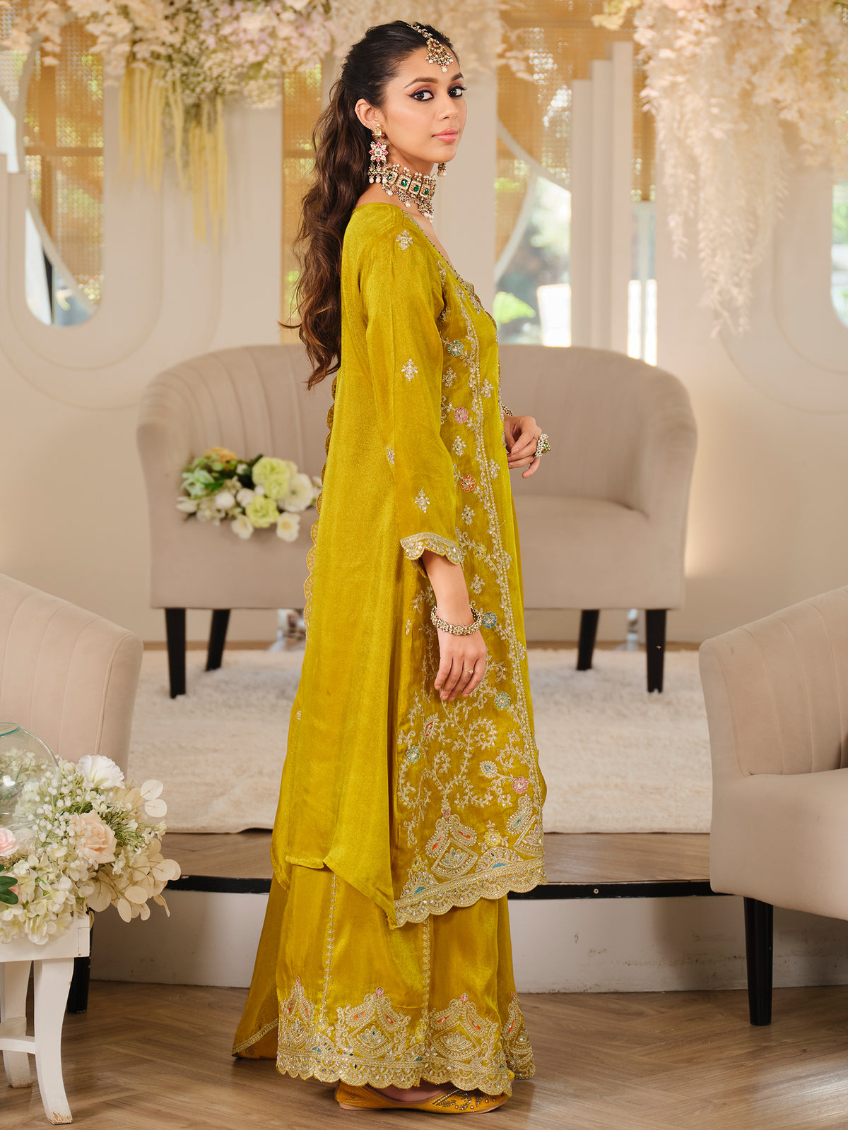 Mustard Embroidered A-Line Kurta Palazzos With Dupatta Set
