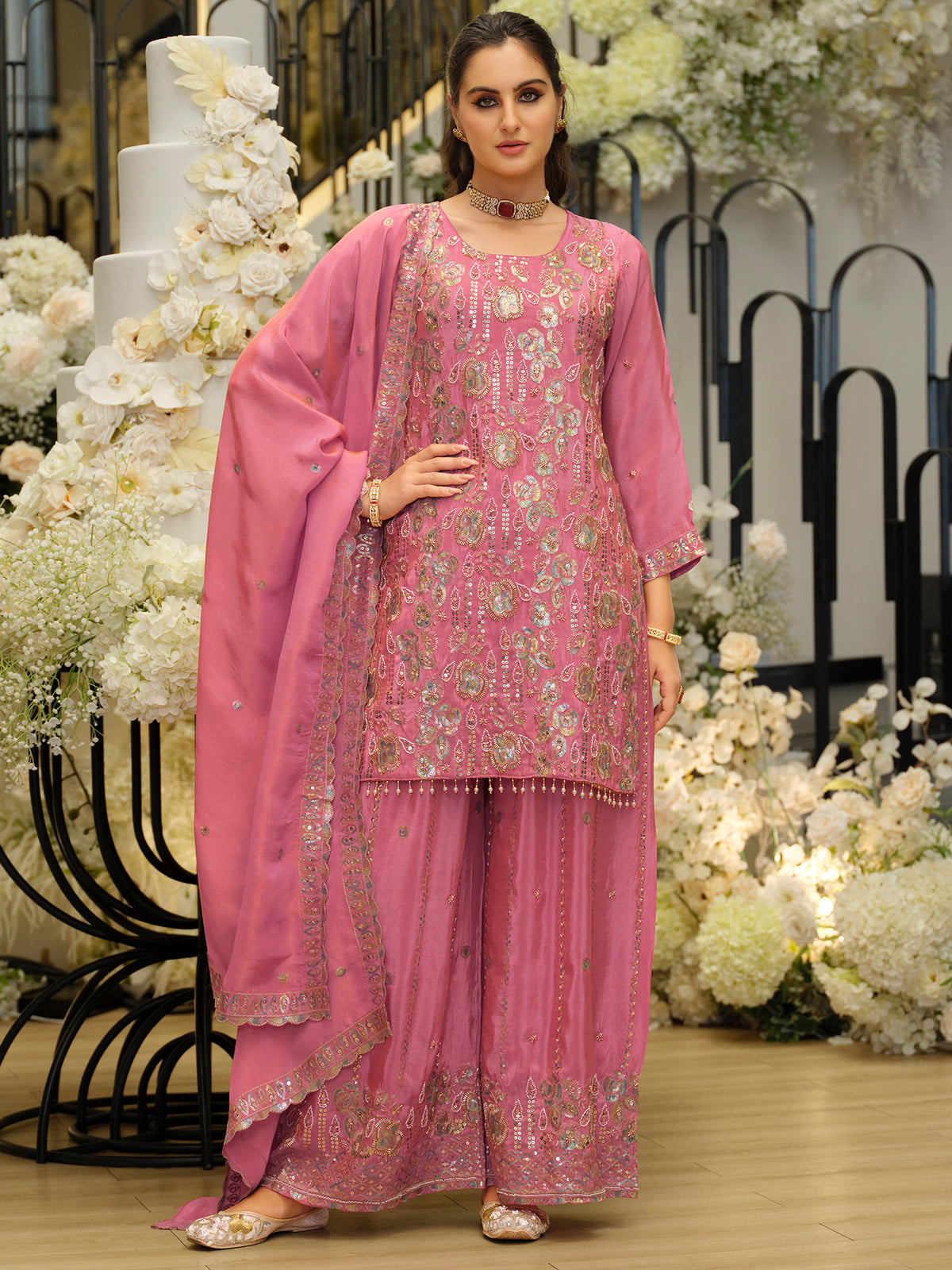 Pink Embroidered Straight Kurta Palazzos With Dupatta Set