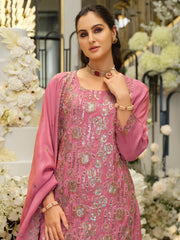 Pink Embroidered Straight Kurta Palazzos With Dupatta Set