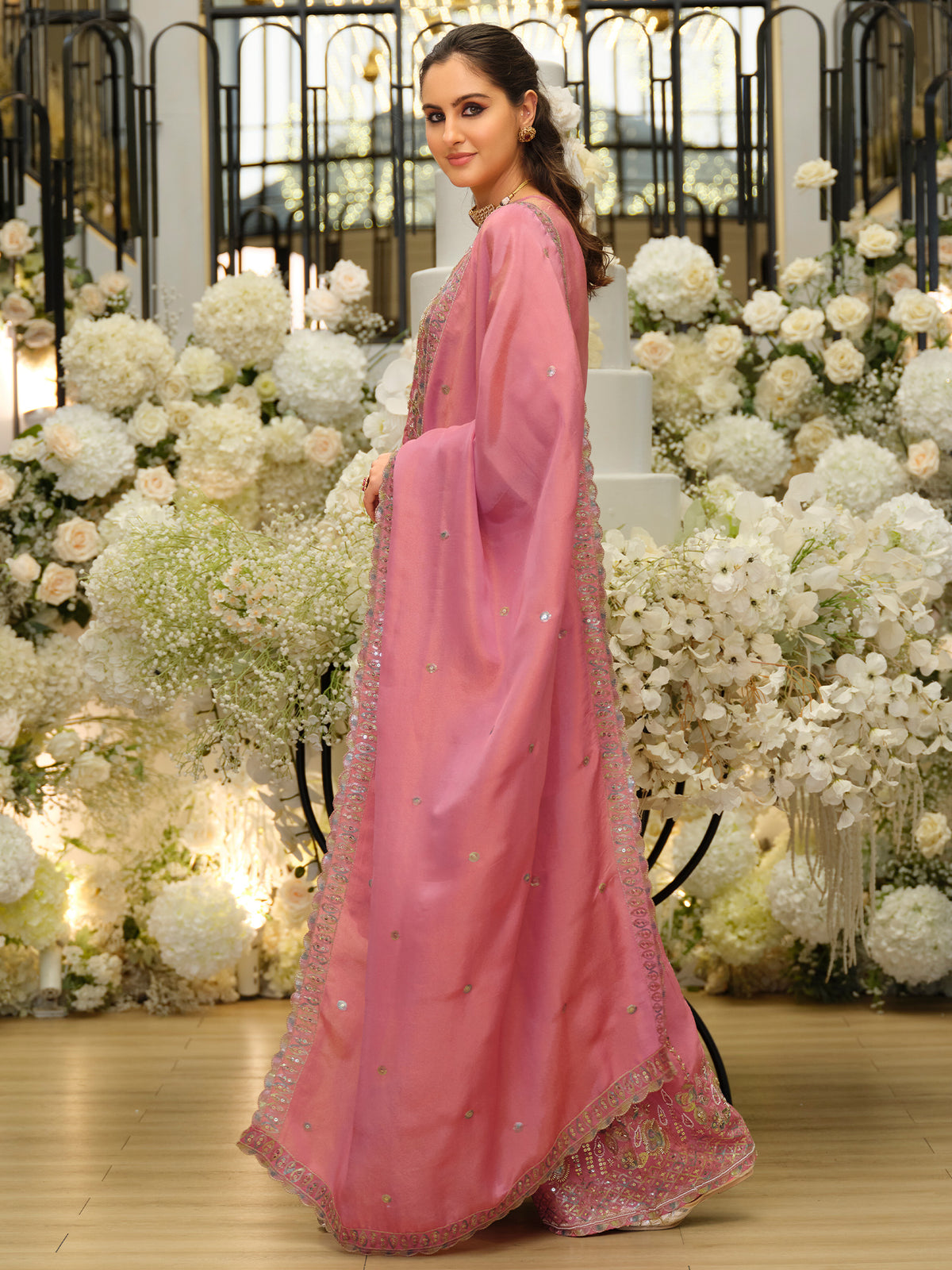 Pink Embroidered Straight Kurta Palazzos With Dupatta Set