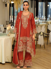 Rust Embroidered A-Line Kurta Palazzos With Dupatta Set