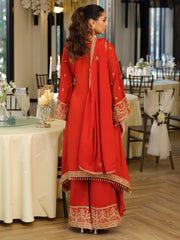 Rust Embroidered A-Line Kurta Palazzos With Dupatta Set