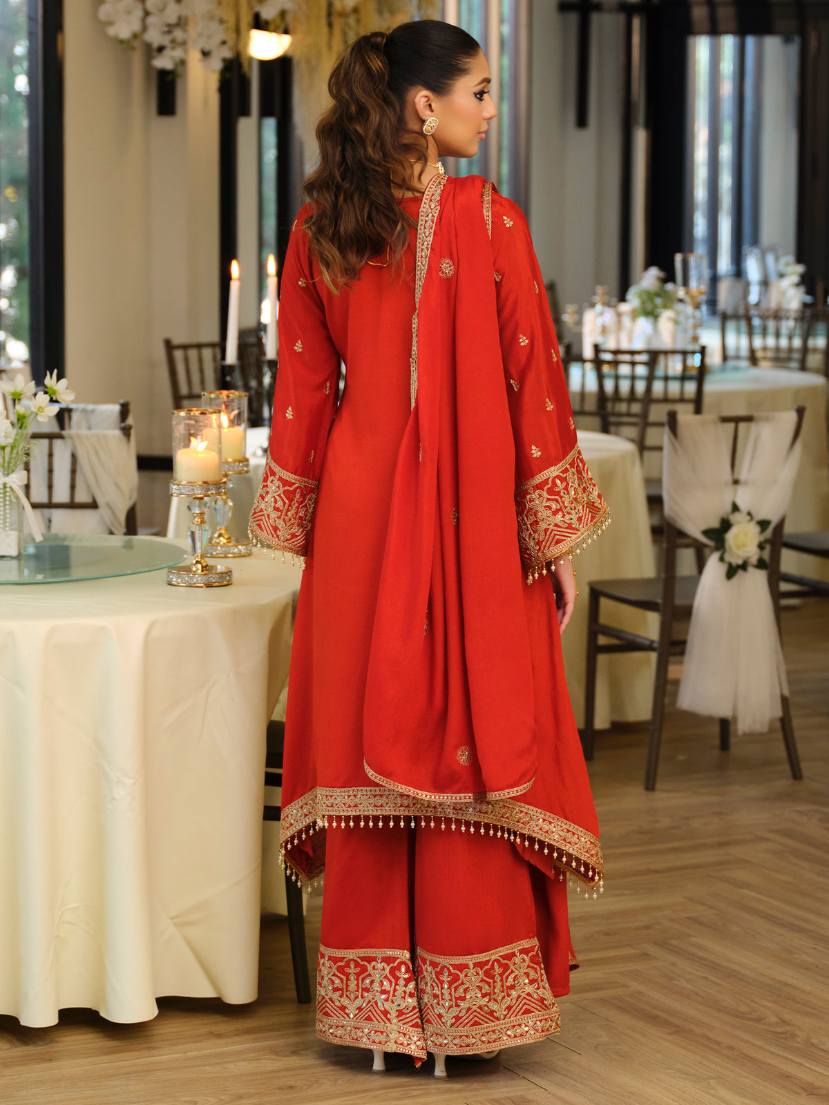 Rust Embroidered A-Line Kurta Palazzos With Dupatta Set