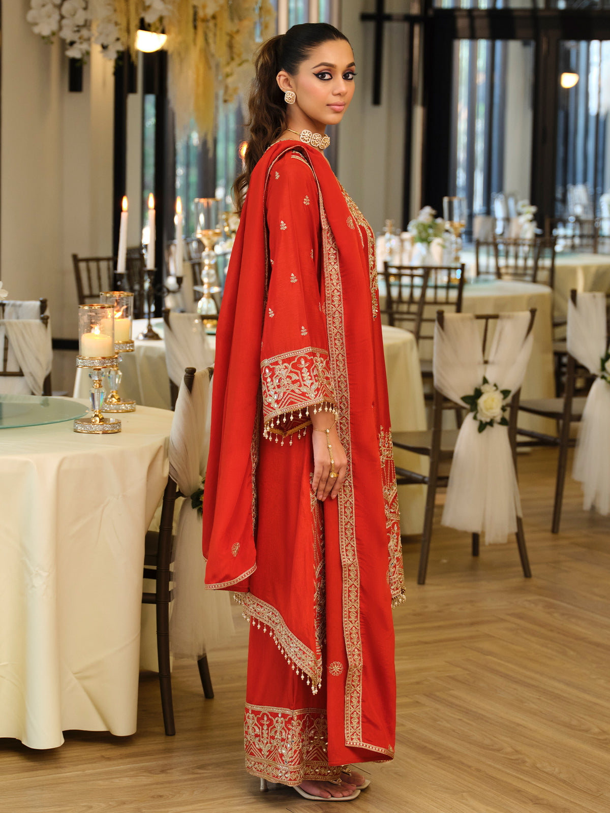 Rust Embroidered A-Line Kurta Palazzos With Dupatta Set