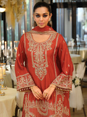 Rust Embroidered A-Line Kurta Palazzos With Dupatta Set
