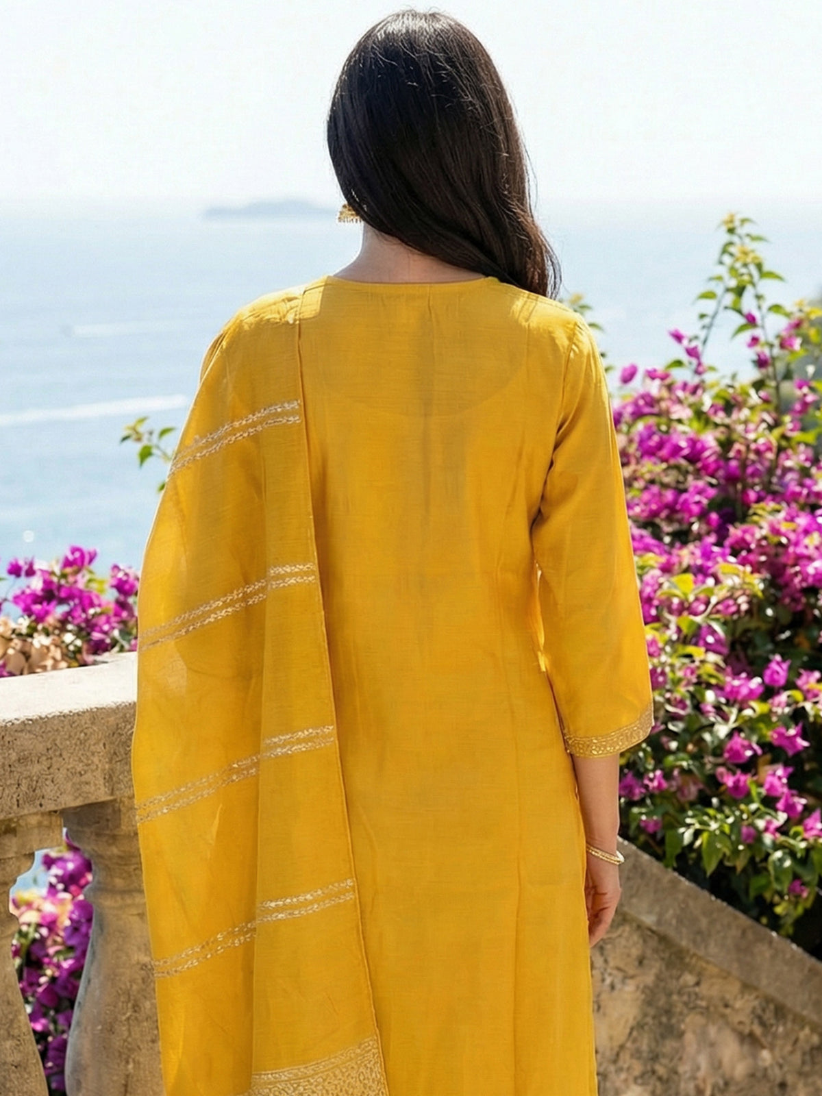 Yellow Embroidered Straight Kurta Trousers With Dupatta Set