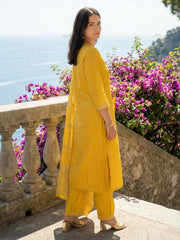 Yellow Embroidered Straight Kurta Trousers With Dupatta Set