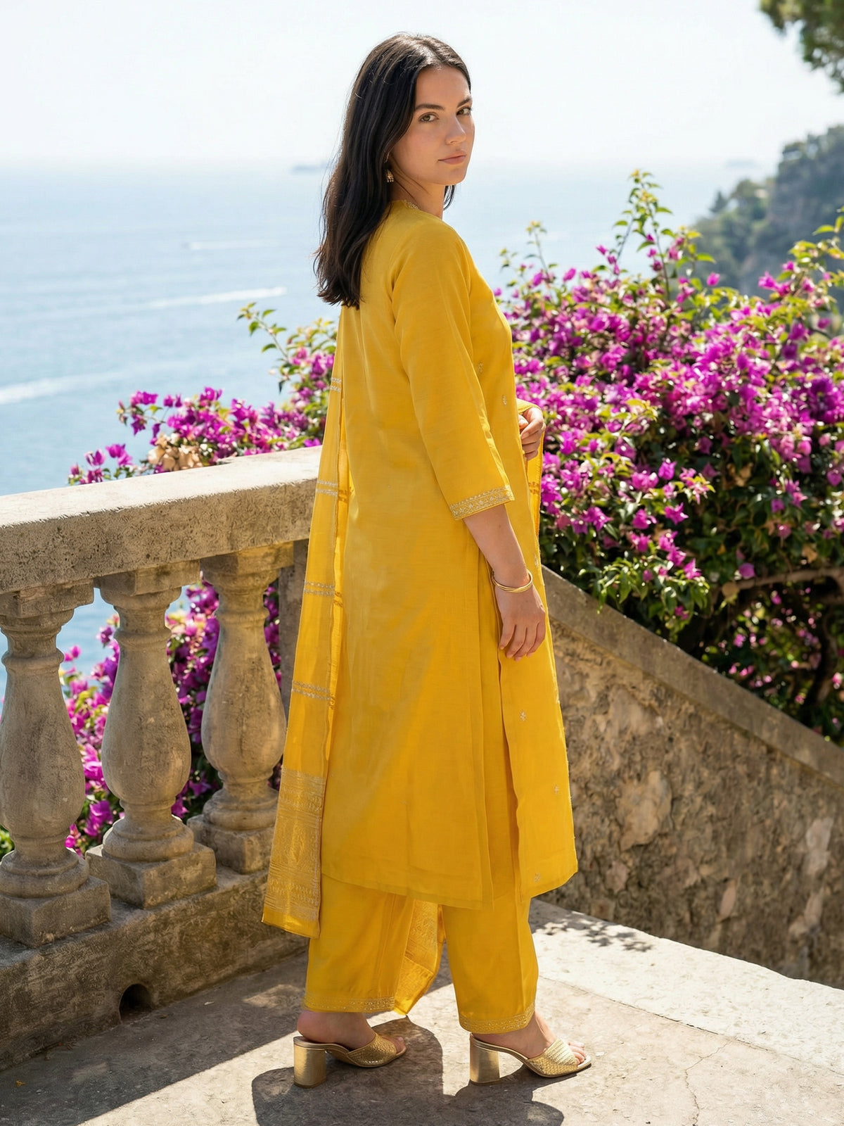Yellow Embroidered Straight Kurta Trousers With Dupatta Set