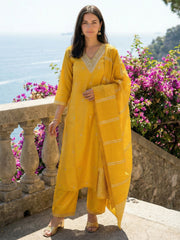 Yellow Embroidered Straight Kurta Trousers With Dupatta Set