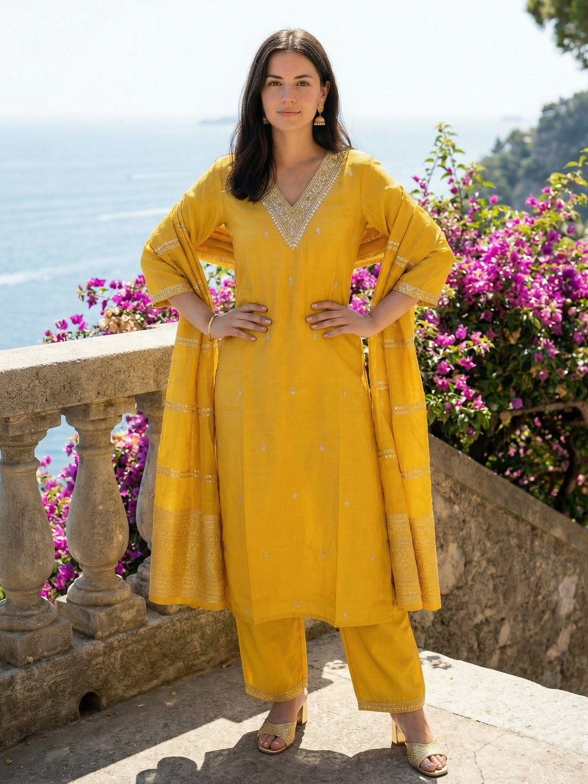 Yellow Embroidered Straight Kurta Trousers With Dupatta Set