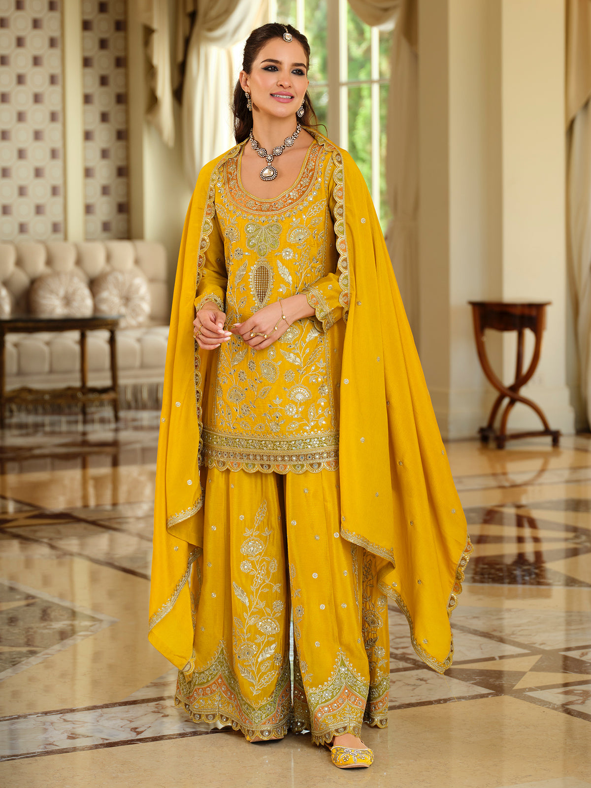 Yellow Embroidered Straight Kurta Palazzos With Dupatta Set