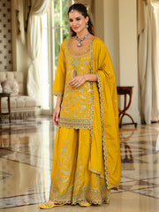 Yellow Embroidered Straight Kurta Palazzos With Dupatta Set