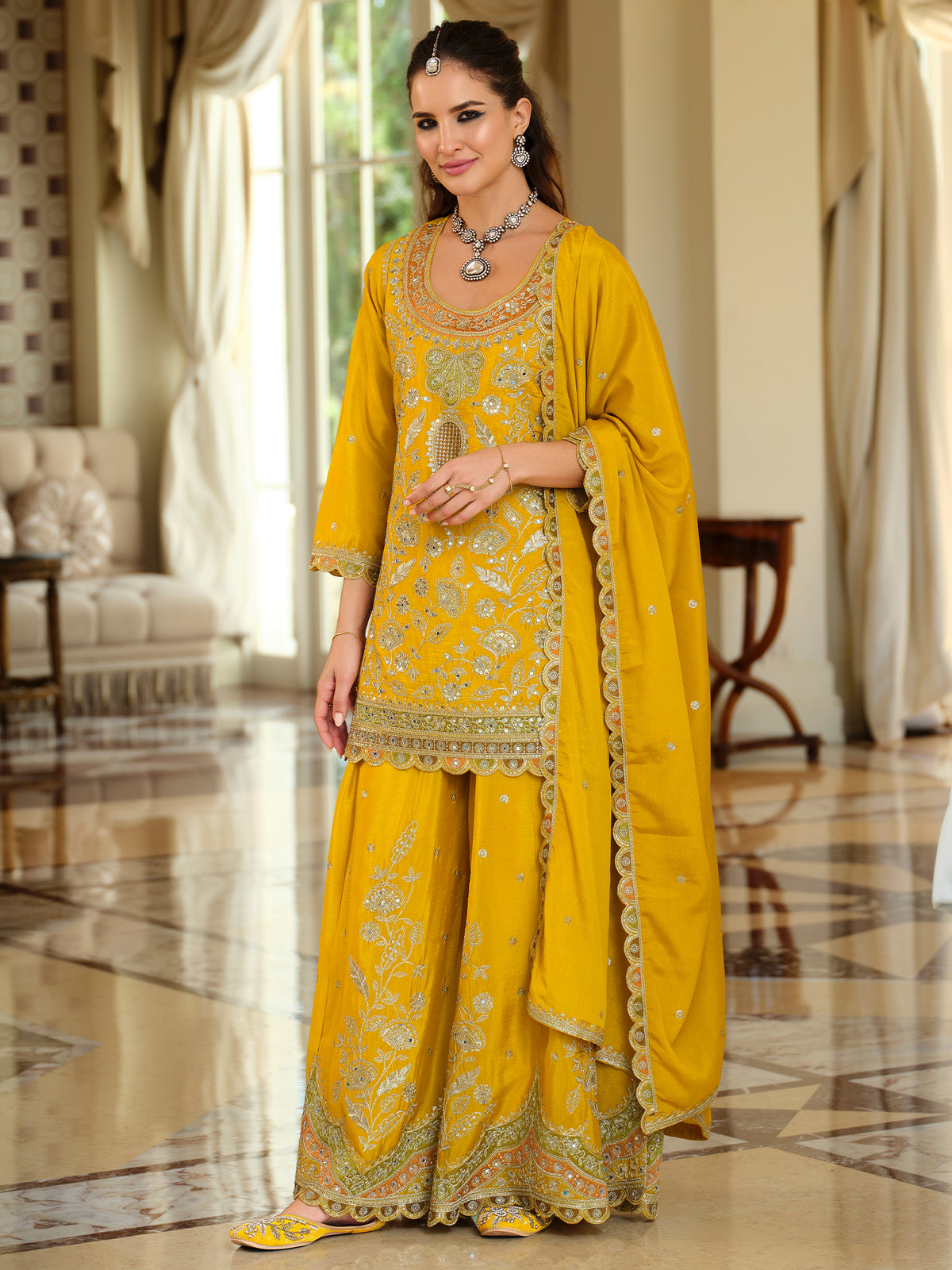 Yellow Embroidered Straight Kurta Palazzos With Dupatta Set