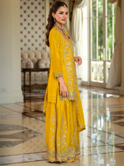 Yellow Embroidered Straight Kurta Palazzos With Dupatta Set