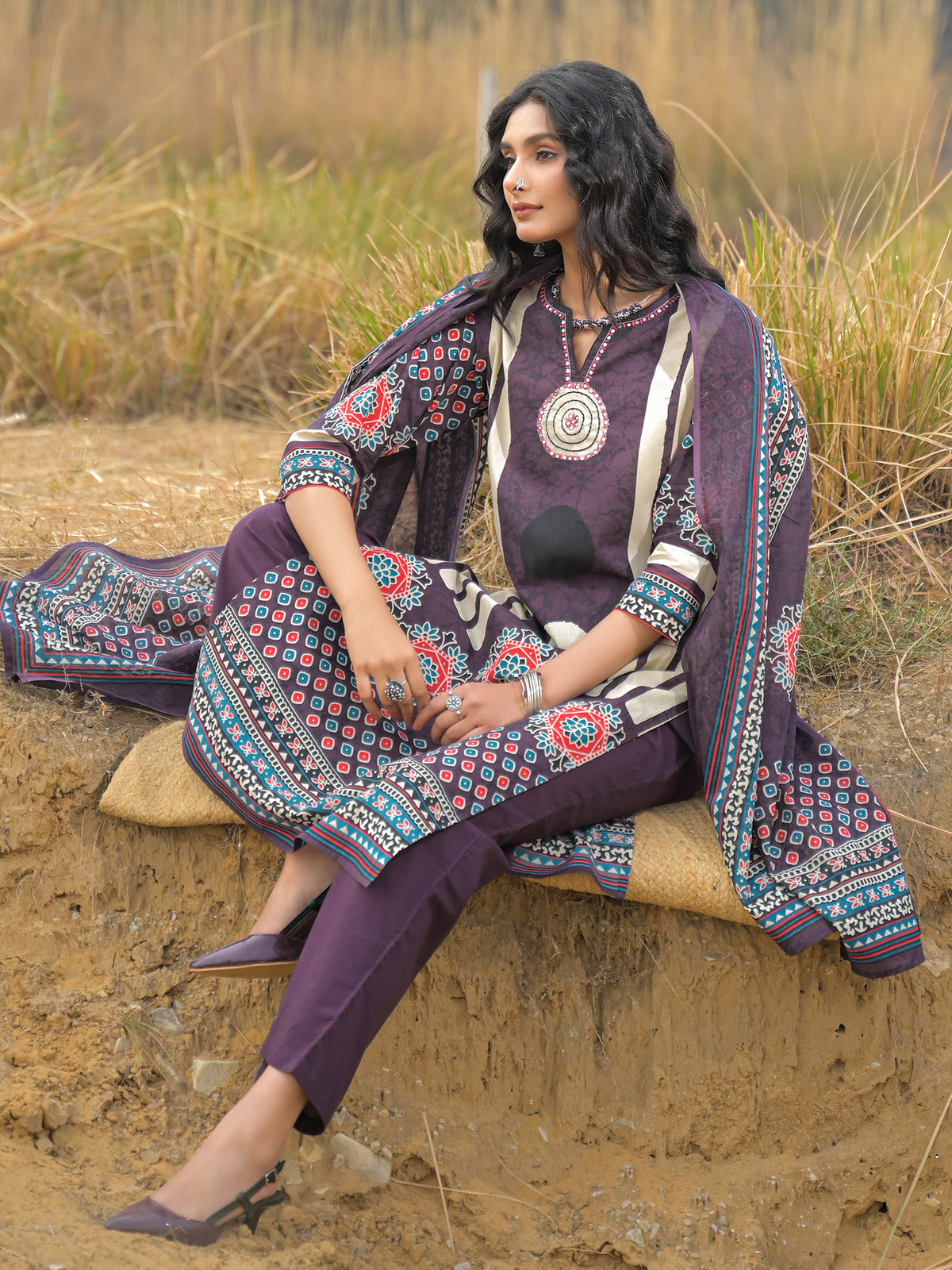 Burgundy Printed Straight Kurta Trousers With Dupatta Set