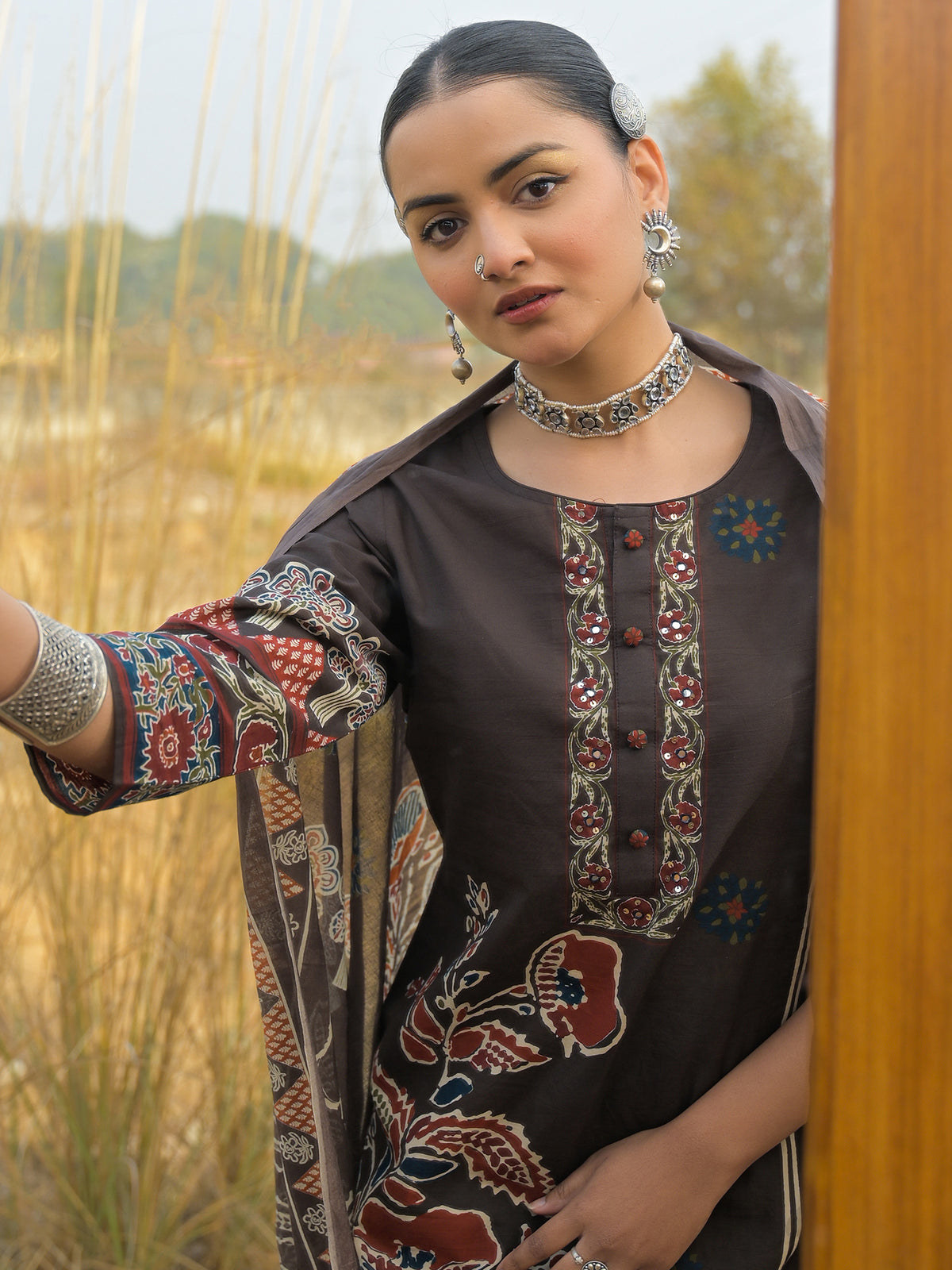 Brown Printed Straight Kurta Trousers With Dupatta Set