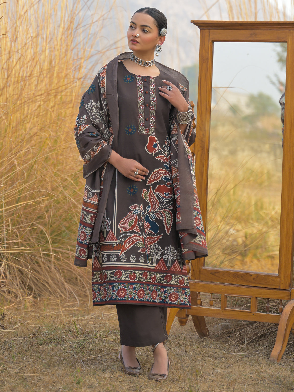 Brown Printed Straight Kurta Trousers With Dupatta Set
