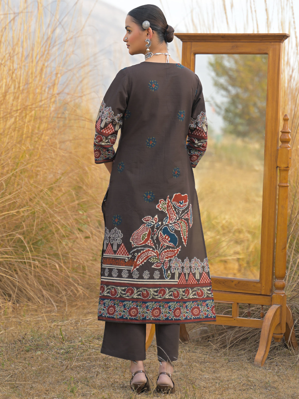 Brown Printed Straight Kurta Trousers With Dupatta Set