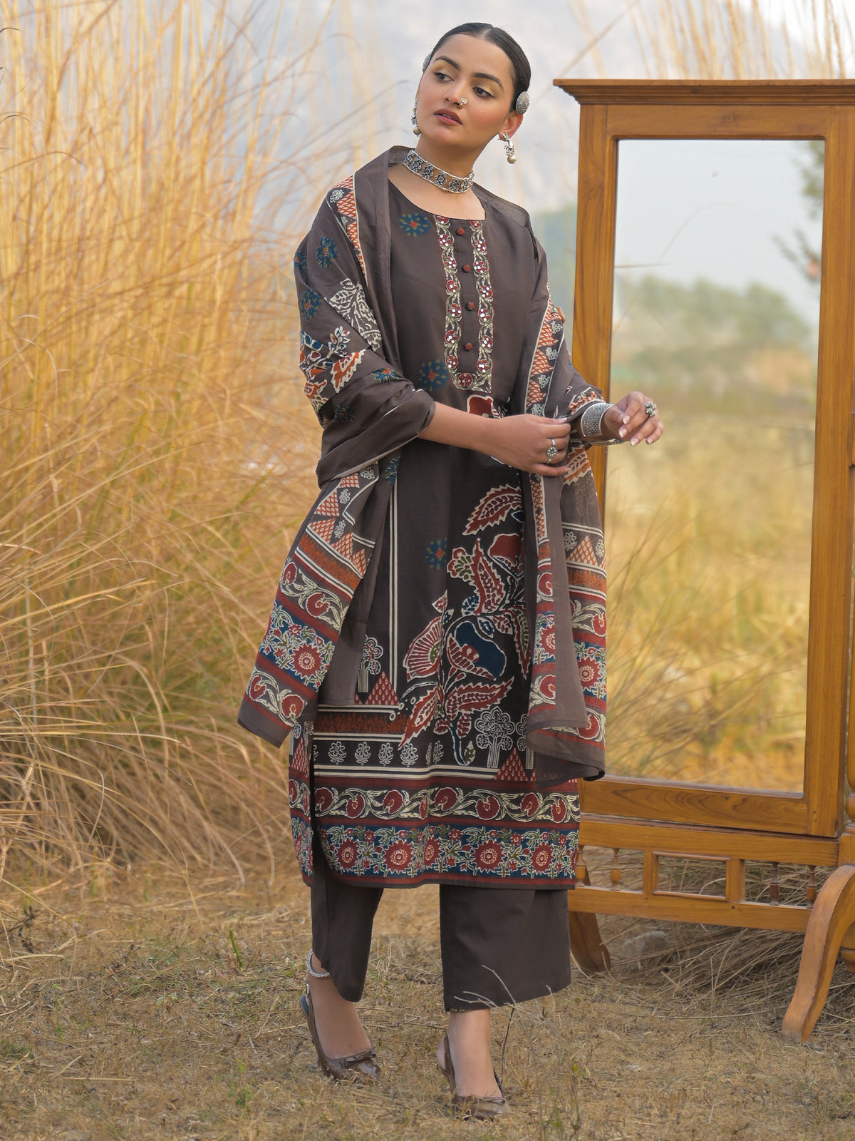 Brown Printed Straight Kurta Trousers With Dupatta Set