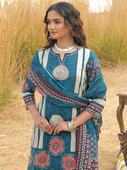 Blue Printed Straight Kurta Trousers With Dupatta Set