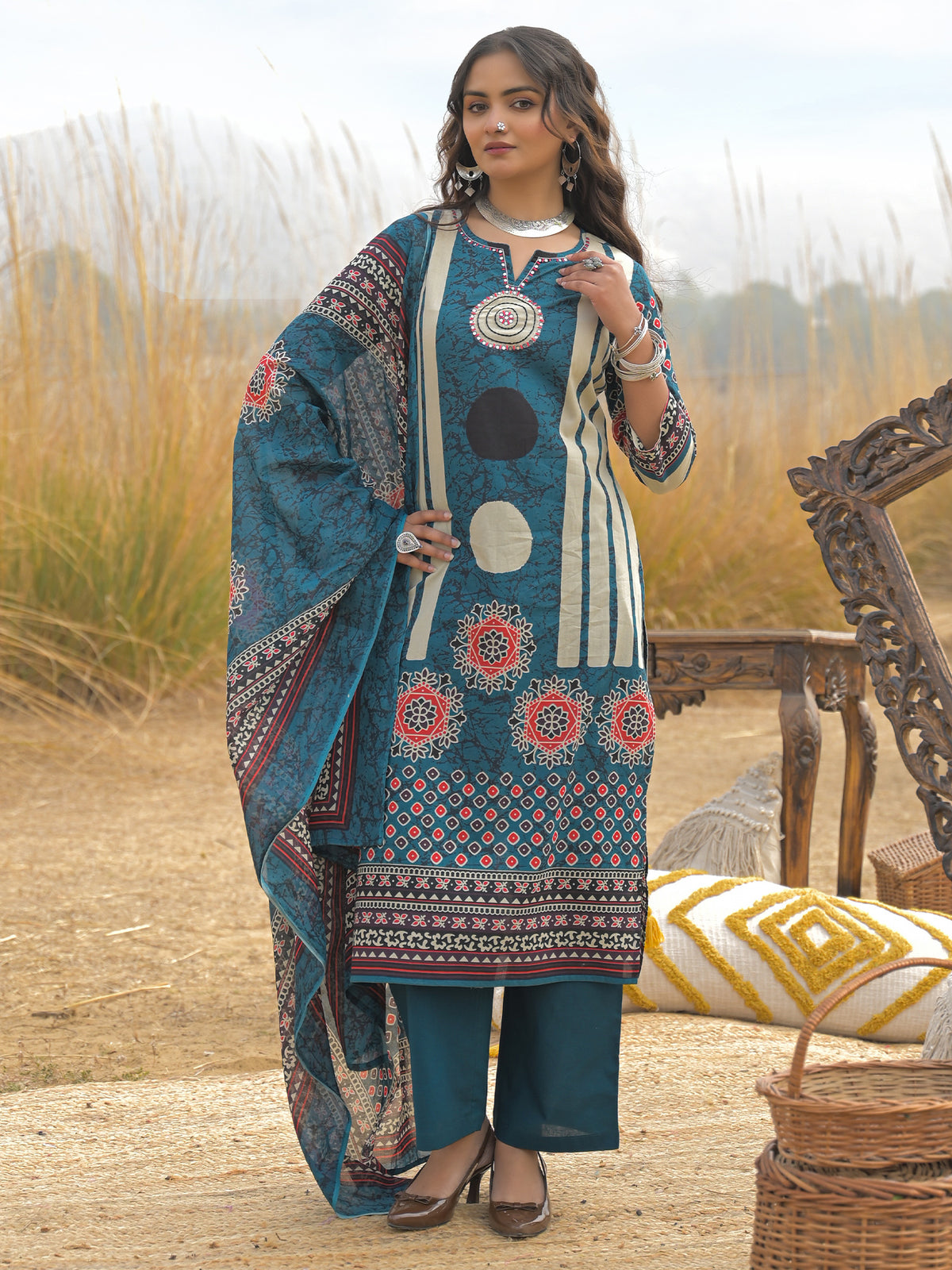 Blue Printed Straight Kurta Trousers With Dupatta Set