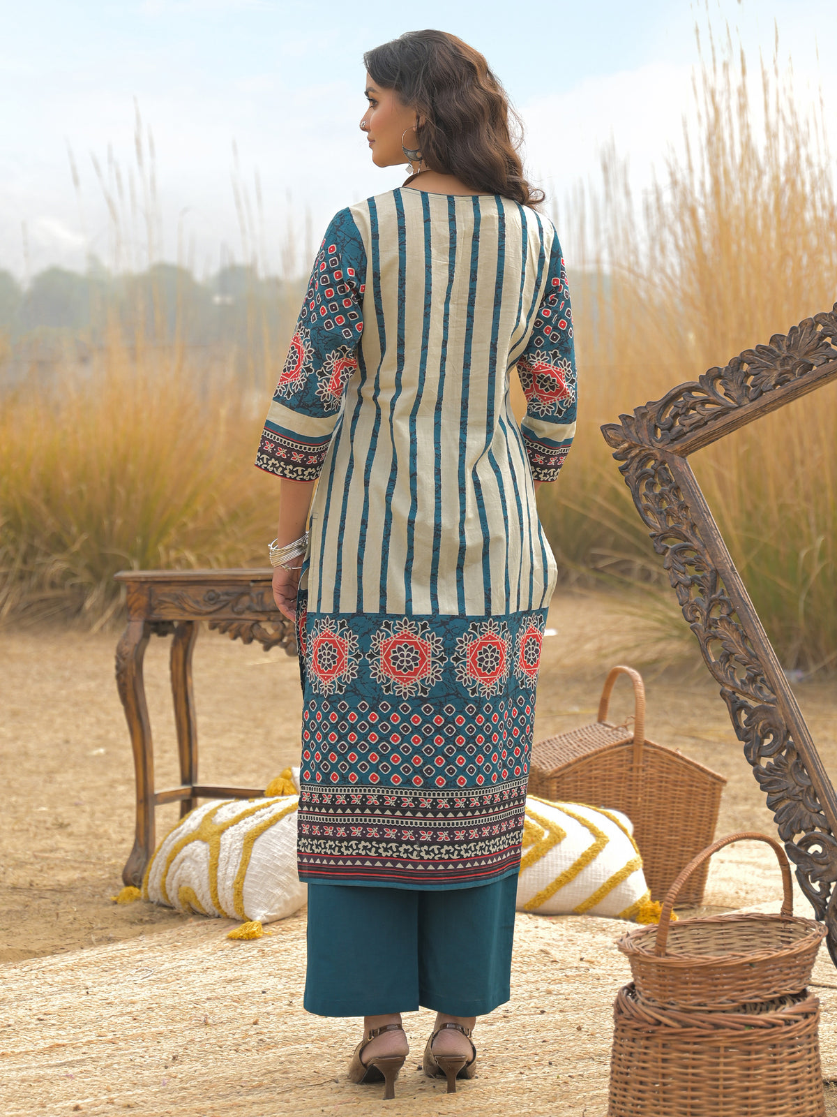 Blue Printed Straight Kurta Trousers With Dupatta Set